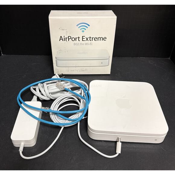 Apple A1143 White AirPort Extreme Base Station Wireless Router Tested Box Cables - Picture 1 of 11